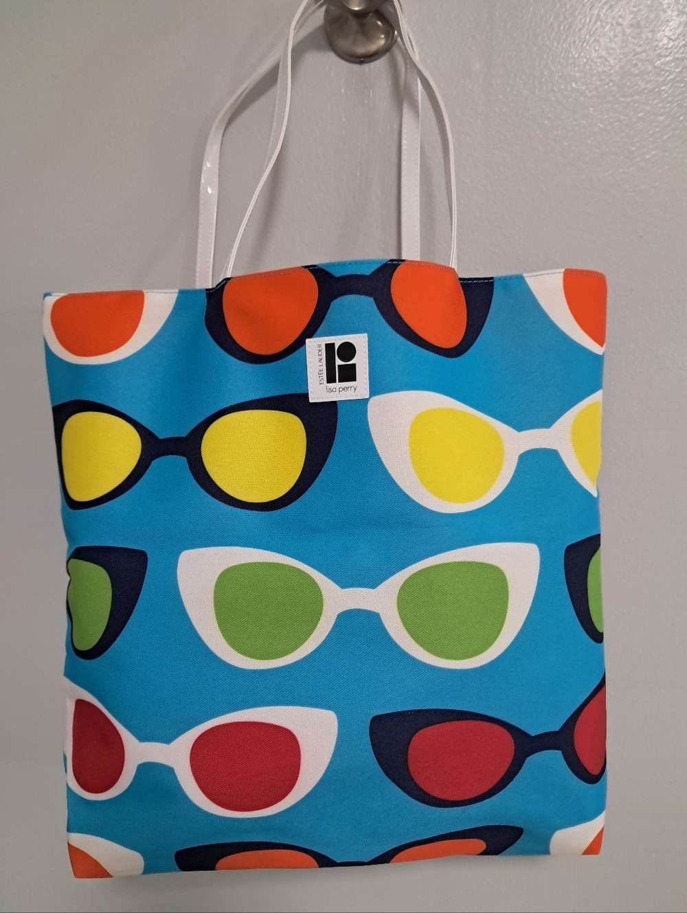 Lisa Perry Tote Beach Bag Blue Sunglasses Print Multicolor Lenses New